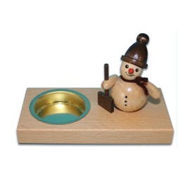 Holzwaren Egermann Candlestick Tea Light Holder with Cute Snowmen – Natural Colours – Motif: with Snow Shovel – Approx. 11.5 cm – Made in Germany