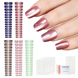 LINSSQ 5 Packs Shimmery Red Blue Green Chrome Press on Nails Glossy Cat Eye Gel Nail Art Tips Short Squoval False Nails Salon Manicure Kits Reusable Acrylic Nails Fake Fingernails