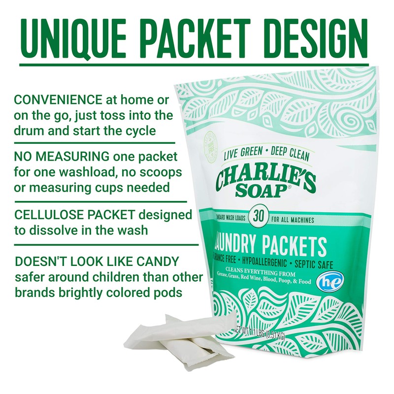 Charlie's Soap - Unscented Powdered Laundry Packets 30 Count (6