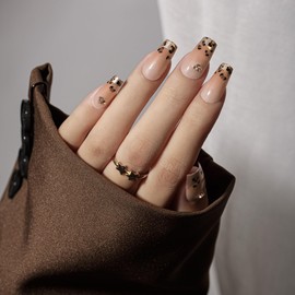 KQueenest Cateye French Tip Press On Nails Medium Short Coffin, Glitter Sparkly Fake Nails With Glue, Cute Leopard Print Nails Press ons with Bling Charms, Reusable Glue on Nails for Women 24 Pcs