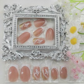 Press on Nails Short Square Fake Nails Brown Nails Press ons Glitter Glue on Nails Glossy Acrylic Nails White French Tip False Nails with Butterfly Designs Artificial Stick on Nails for Women 24Pcs