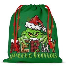 24 * 26cmChristmas Cotton Drawstring Gift Bag with The Gri-nch Pattern，Topeedy 1pcs Green Drawstring Gift Bag for Xmas Birthday Party，Small Bizarre Present bag-Merry