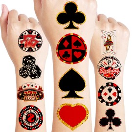 Casino Theme Temporary Tattoos Birthday Party Decorations Favors Decor Supplies Cute Tattoo Stickers 8 Sheets 96 PCS Gifts for Kids Boys Girls Games Classroom Rewards Prizes Carnival Christmas