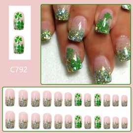 Glitter St. Patrick's Day Press on Nails Green Clover Fake Nails Medium Square Glue on Nails Glossy Artificial Stick on Nails Lucky Shamrock Acrylic Nails for Women