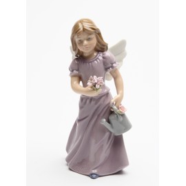 Cosmos Gifts 20860 Porcelain Gardening Angel, Angel in Lavender Dress Holding Watering Can and Flowers Figurine, 5 3/8" H