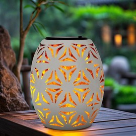 Outdoor Solar Table Lantern Waterproof White Flower Hollowed-Out Solar Powered Metal Light Dancing Flickering Flame LED Garden Light Decorative Table Lamp for Outside Patio Porch Lawn Pathway Indoor