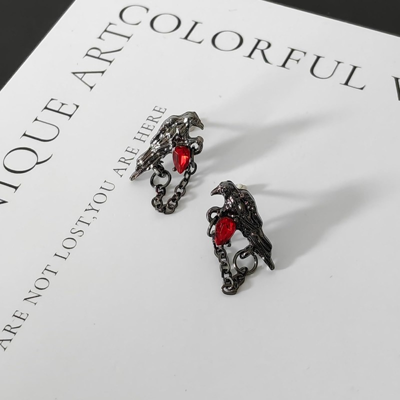 Gothic Black Crow Earrings for Women Red Rhinestone Raven Earring