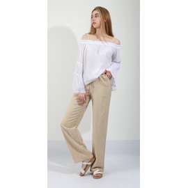 chouyatou Women's Summer Loose Drawstring Waist Beach Linen Wide Leg Pants Palazzo (Small, Khaki)