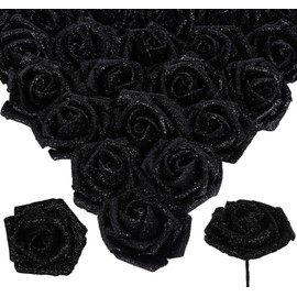 INSUNSIX Black Glitter Roses 30pcs Black Roses Artificial Flowers with Glitter 2.56" Artificial Roses with Stems Fake Black Roses for Baby Shower Decorations Flower Centerpieces for Table (Black)