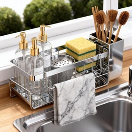 HoMaNa - Soporte de esponja para fregadero de cocina, organizador de fregadero de acero inoxidable, autodrenaje de inclinación 30°, soporte de esponja con soporte para cepillo para polvo de platos