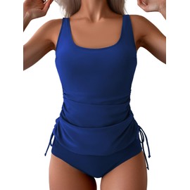 B2prity - Traje de baño tankini con control de abdomen para mujer, traje de baño fruncido de dos piezas con cordón y parte inferior, Azul, XX-Large