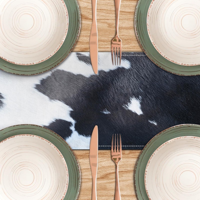 Linen Cow Print Table Runner 13x71 Inch Farmhouse Western White