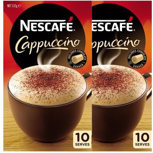 Nescafe - Bolsitas de capuchino, 10 porciones (paquete de 2 paquetes de 10) 132 g x 2 con coctelera de chocolate