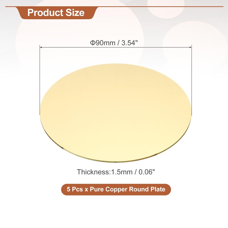 sourcing map 5 Pcs Round Brass Plate, 90mm(3.54") Dia Pure