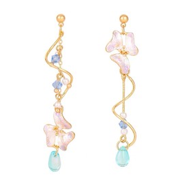 Pink Flower Long Tassel Dangle Drop Earrings Sakura Flower Leaf Pearl Petal Statement Earrings Asymmetric Boho Statement Sakura Floral Earrings for Women Bridal Prom Gifts (Orchid)