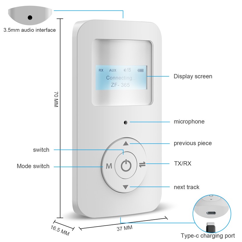 Bluetooth 5.0 Transmitter Receiver Bluetooth Audio Transceiver with Display Screen