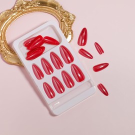 MouyouGlow Press on Nails Short, Almond Red Solid Glazed Doughnut Hailey Bieber Christmas Xmas New Year Fake Nails with Nail Glue, New Year Red Chrome Artificial Fingernails