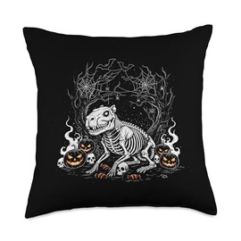 Spooky Capybara Skeleton Bones with Pumpkins and Webs Throw Pillow