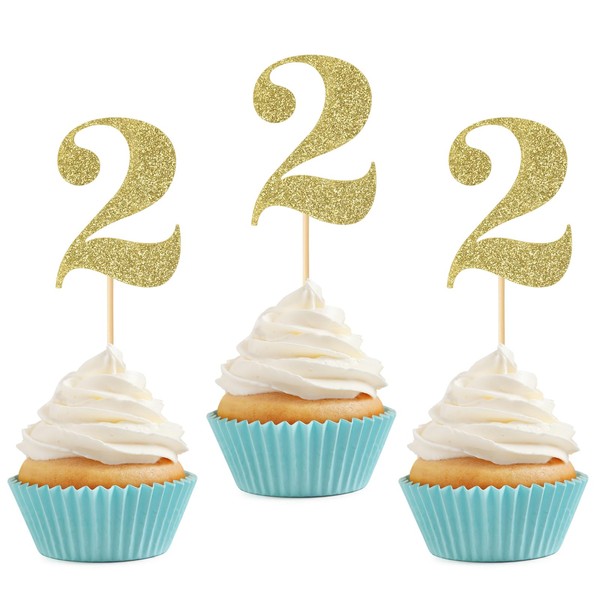 24 piezas de adornos de magdalenas número 2 para segundo cumpleaños con purpurina para segundo cumpleaños, aniversario, fiesta de baby shower, color dorado