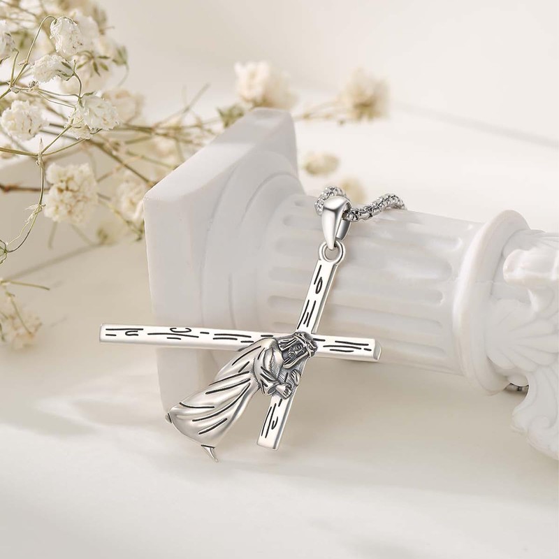 OHAYOO Crucifix Pendant Necklace for Men 925 Sterling Silver Jesus