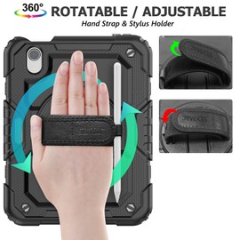 SEYMAC stock Case for iPad mini 7 (A17 Pro) 2024/ Mini 6 8.3'' with Screen Protector Pencil Holder [360 Rotating Hand Strap] &Stand, Drop-Proof Case for iPad mini 7th/6th Generation 8.3", Black