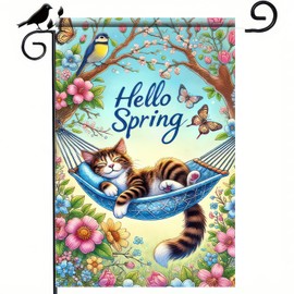 BlissYard Hello Spring Garden Flag 12x18 Inch Double Sided Sleeping Cat Seasonal Yard Flag Welcome Spring Wedding Decor for Farmhouse Holiday Outdoor Hello Summer Spring Decoration