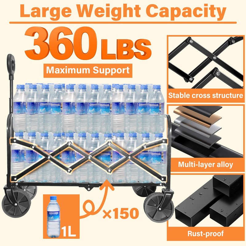 Wagons Carts Foldable,360lbs Collapsible Wagon with Wheels, Lightweight Foldable Wagon