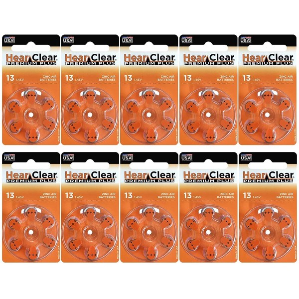 Hearclear Size 13 Hearing Aid Batteries Orange Tab + Keychain (60 Batteries)