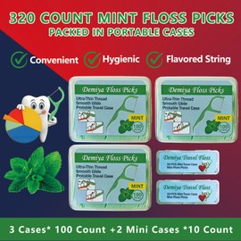 Demiya Floss Picks 320 Count – Mint Flavor Dental Floss Picks,Toothpicks 3 Portable Cases & 2 Travel Case for Convenience,Travel Floss for Oral Removal Care,Comfort Refillable Floss Sticks for Family