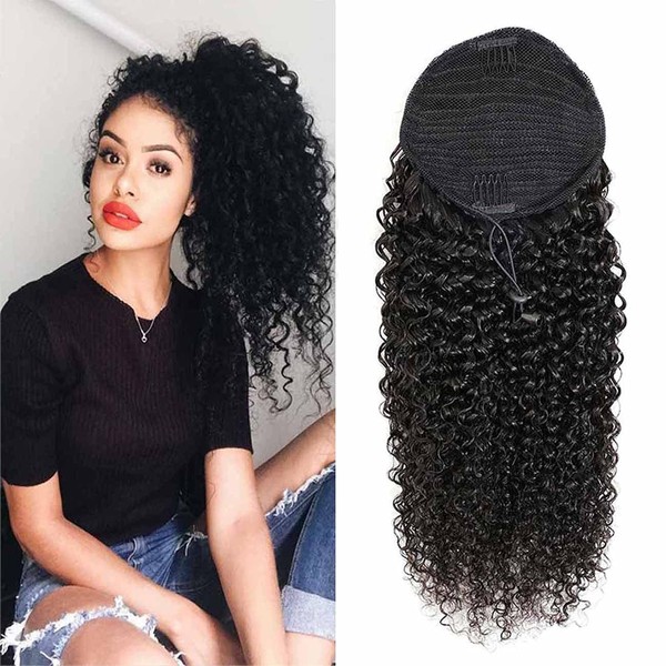 Adette 20 Inches Curly Ponytails Human Hair Drawstring Ponytail Extension Kinky Curly Clip in Pony Tail Hair Extensions Hair Pieces for Black Women Natural Black
