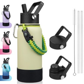 BJPKPK 32oz Insulated Water Bottles with 3 Lids, Paracord Handle & Non-slip Boot, Stainless Steel Metal Water Bottle,Reusable BPA Free Thermos,Macaron Green