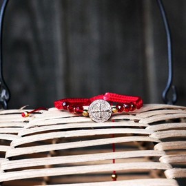 Traditional cultural Handmade Red Braided Bracelet with Artificial Gold Color St. Benedict Charm