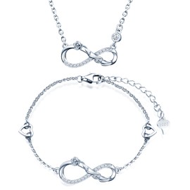 INFINIONLY Jewellery Sets, Women's girl's Necklace and Bracelet, 925 sterling silver necklace bracelet, Elegant Rose flower and infinity symbol pendant bracelet, Inlaid zircon, silver