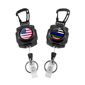 American Flag Retractable Keychain,2 Pack Heavy Duty Badge Reels, Tactical ID Badge Holder with Zinc Alloy Carabiner, 32'' Coated Steel Cord, Key Ring (USA Flag,Thin Blue Red Green Line USA Flag)