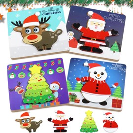 Giugio Wooden Puzzle Christmas Baby Toy, Christmas Gifts for 1-3+ Year Children, 4 Pieces Montessori Wooden Puzzle Christmas Tree Santa Snowman Learning Educational Toys (A)