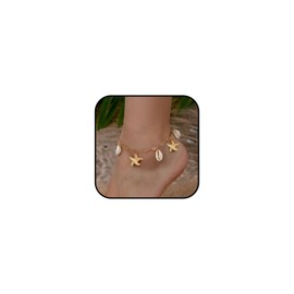 Vurotry Sea Shell Anklets Starfish Anklet Paperclip Anklet Waterproof Adjustable Summer Bohemian Conch Anklet Beach Jewelry for Women (Golden sea)