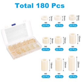 PATIKIL M6 Nylon Spacer Set, 180Pcs Non-Threaded ABS Round Spacer Standoff Assortment Electrical Outlet Spacers for PCB Motherboard, Circuit Board, Switch and Receptacle, White