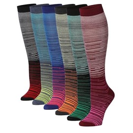Tipi Toe Women's 6 Pairs Vibrant Two-Toned Colorful Contrasting Tops and Bottoms Space Dye Accents Patterned Knee High Socks, KH176-B-T1