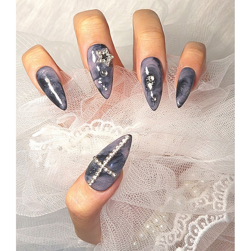 [In-Store Special Discount]Y2K Blackpink Cosmic Cross Nail Tips - Short