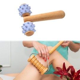 Milageto T Shape Massager with Grooved Rollers Double Wheel Multipurpose Muscle Roller Meridian Rolling Stick for Legs Back Neck, Blue