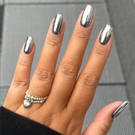 Mirror Metal Silver Press on Nails Medium Short Square Chrome Glazed Short Gel Nails Press ons Shiny Plating Nails Acrylic Nails Reusable Thick Fake Nails for Women Glue on Nails Medium Length
