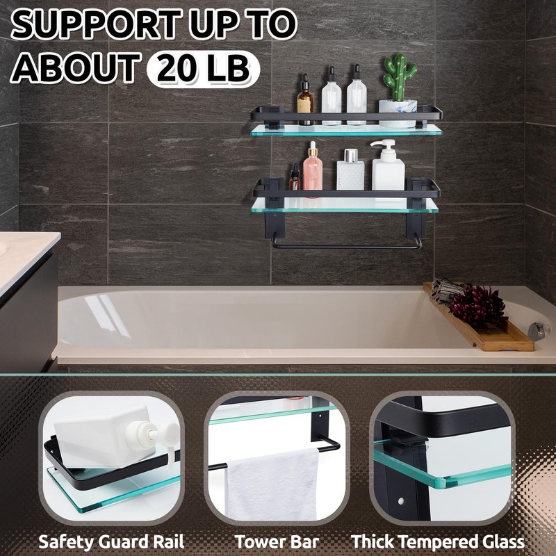 Suzile Set of 2 Glass Bathroom Shelves with Towel Bar,