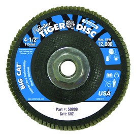Weiler 804-50809 Big Cat High Density Type 27 Flat Flap Disc, Zirconia Alumina, 4-1/2", 60 Grit, 5/8"-11" UNC, 12000 rpm