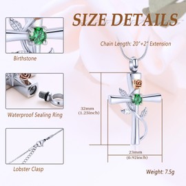 Minicremation Cross Urn Necklace for Ashes Birthstone Rose Flower Cremation Jewellery for Women Gilrs Keepsake Memorial Ash Pendant, Stainless Steel, Diamond Zircon Amber
