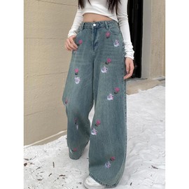 MEOKIM Women's Denim Pants Y2K Jeans Retro Embroidered Pattern Printed Loose Casual Jeans Straight Leg Pants (Blue,XXL)