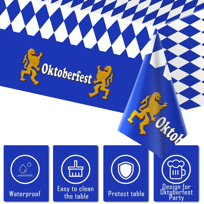 1 Pack Bavarian Oktoberfest Party Tablecloth Decorations, Plastic Rectangular Blue
