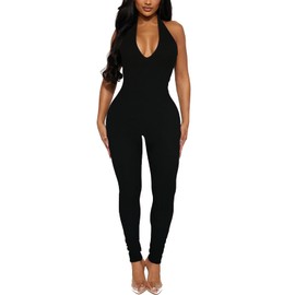Women's Halter Bodycon Jumpsuits - One Piece Backless Summer Casual Workout Yoga Athletic Club Pants Rompers Outfits Catsuits Black XXL