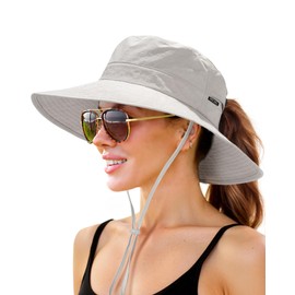 FURTALK Sun Hats for Women UPF 50+ Foldable Wide Brim UV Protection Adjustable Chin Strap Ponytail Hole Summer Bucket Hat, gray, Unit size