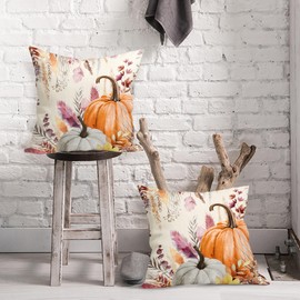 Fall Pillow Covers 18X18 Inch Set of 2 Orange White Pumpkin Purple Flower Decorative Pillow Cases Autumn Thanksgiving Seasonal Cotton Linen Cushion Case Farmhouse Home Decor for Sofa Couch Porch