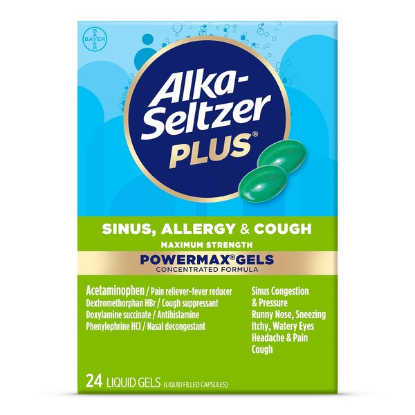 Alka-Seltzer Plus Maximum Strength Power Max Sinus, Allergy and Cough Medicine for Adults and Children 12 Years and Older - Relieves Symptoms from Allergies, Colds or Hay Fever, 24 Count